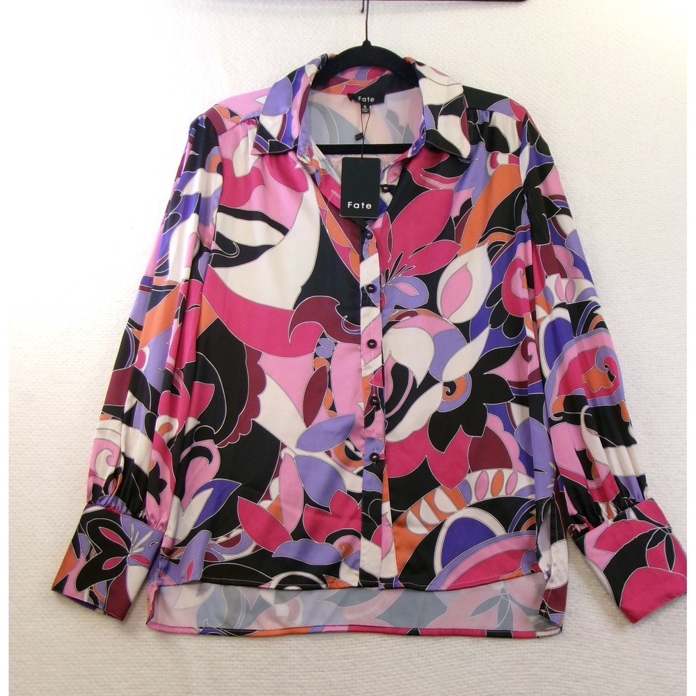 Fate Women Pink Purple Psychedelic Floral Print Satin Button Down Shirt S‎ NWT